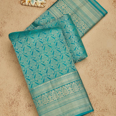 Turquoise Blue Zariwork Pure Silk Saree