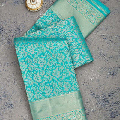 Turquoise Blue Zariwork Pure Silk Saree