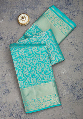 Turquoise Blue Zariwork Pure Silk Saree