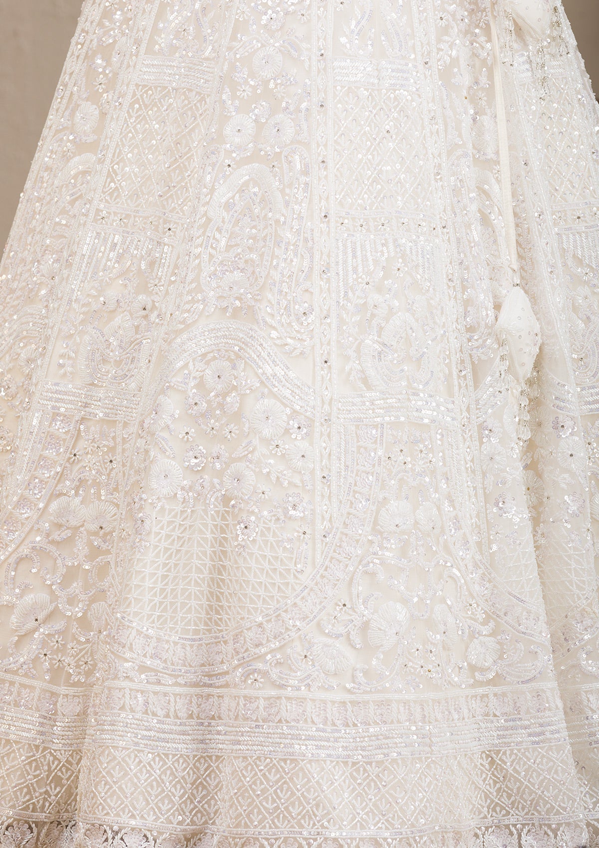 White Pearlwork Net Readymade Lehenga