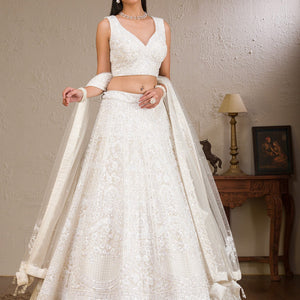 White Pearlwork Net Readymade Lehenga