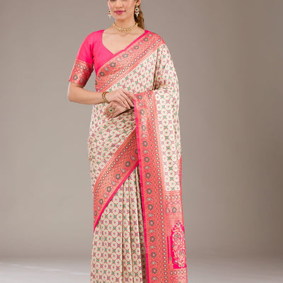 White Zariwork Banarasi Silk Saree