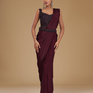Wine Cutdana Satin Readymade Saree