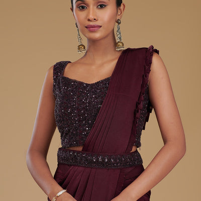 Wine Cutdana Satin Readymade Saree