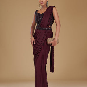 Wine Cutdana Satin Readymade Saree