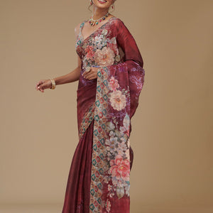 Wine Printed Tissue Saree