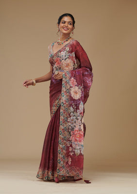 Wine Printed Tissue Saree