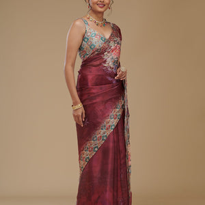 Wine Printed Tissue Saree