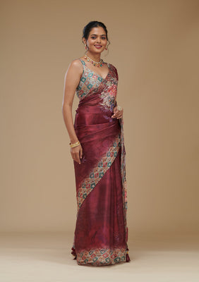 Wine Printed Tissue Saree