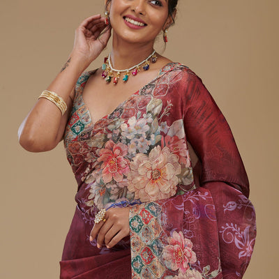 Wine Printed Tissue Saree