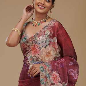 Wine Printed Tissue Saree
