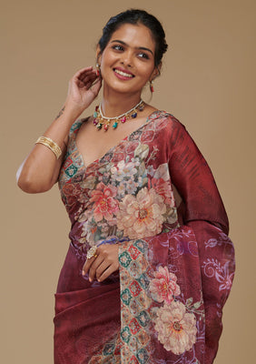 Wine Printed Tissue Saree