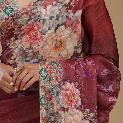 Wine Printed Tissue Saree