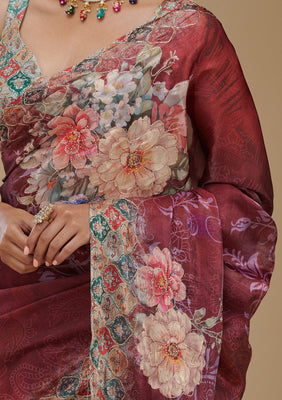 Wine Printed Tissue Saree