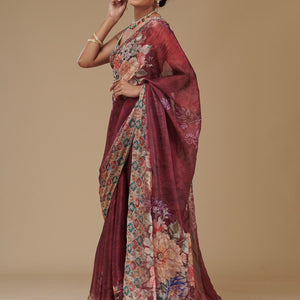 Wine Printed Tissue Saree
