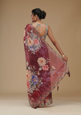 Wine Printed Tissue Saree