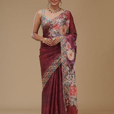 Wine Printed Tissue Saree