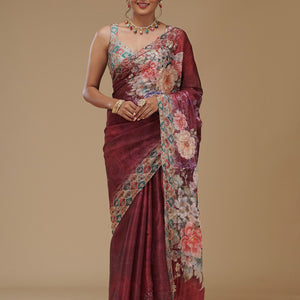 Wine Printed Tissue Saree