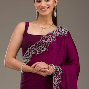 Wine Swarovski Satin Saree