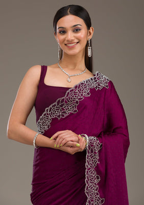 Wine Swarovski Satin Saree