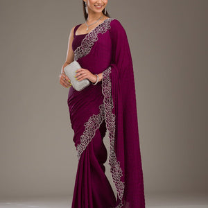 Wine Swarovski Satin Saree