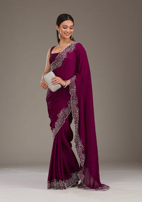 Wine Swarovski Satin Saree