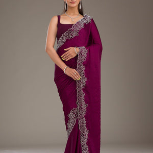 Wine Swarovski Satin Saree