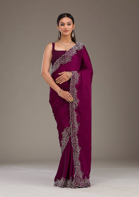 Wine Swarovski Satin Saree