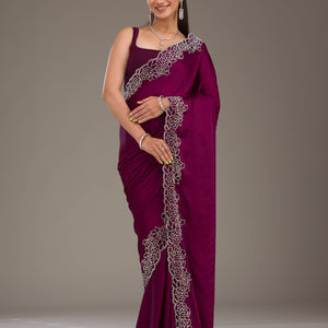 Wine Swarovski Satin Saree