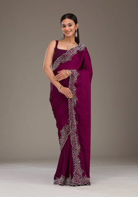 Wine Swarovski Satin Saree