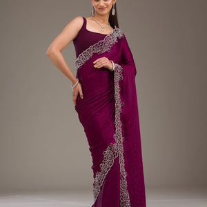 Wine Swarovski Satin Saree