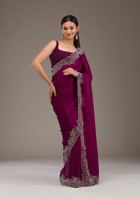 Wine Swarovski Satin Saree