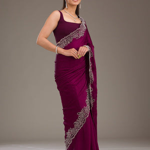 Wine Swarovski Satin Saree