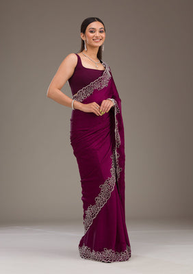 Wine Swarovski Satin Saree