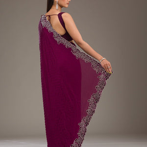 Wine Swarovski Satin Saree