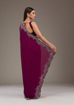 Wine Swarovski Satin Saree