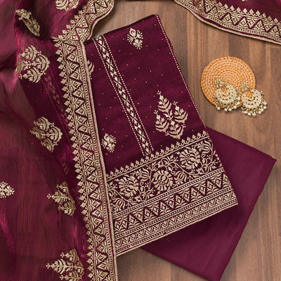 Wine Zariwork Semi Crepe Unstitched Salwar Suit