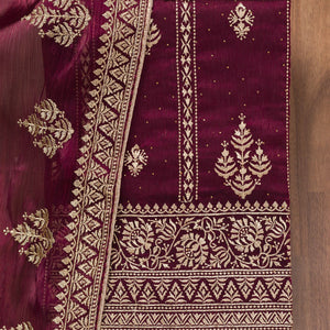 Wine Zariwork Semi Crepe Unstitched Salwar Suit