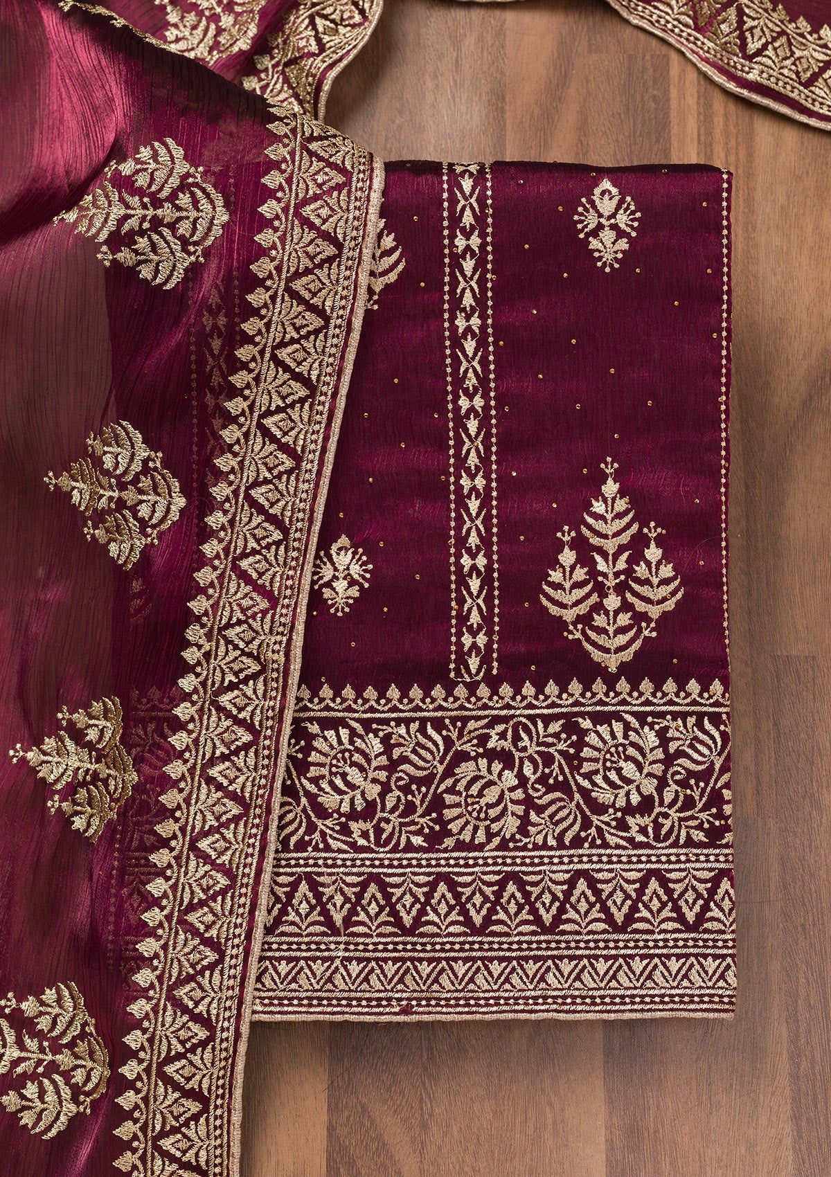 Wine Zariwork Semi Crepe Unstitched Salwar Suit