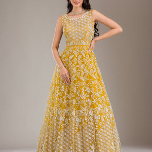 Yellow Pearlwork Net Gown