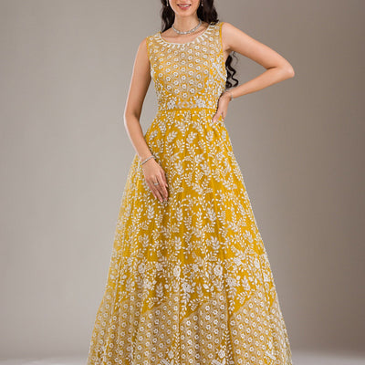 Yellow Pearlwork Net Gown