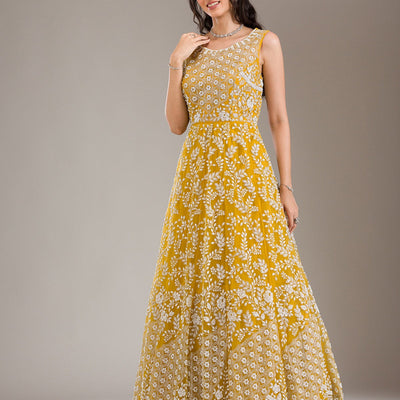 Yellow Pearlwork Net Gown