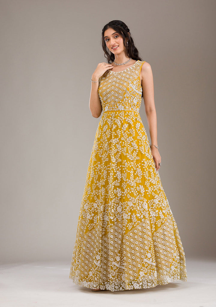 Yellow Pearlwork Net Gown