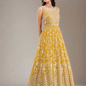 Yellow Pearlwork Net Gown