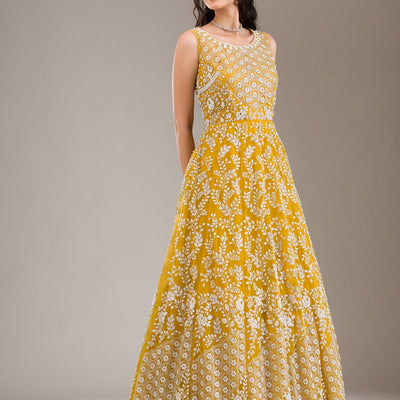 Yellow Pearlwork Net Gown