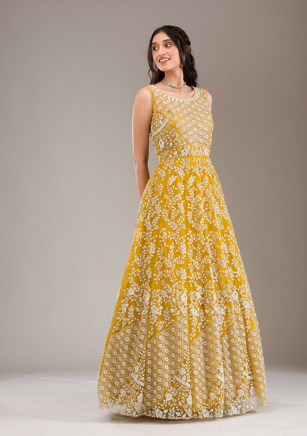 Yellow Pearlwork Net Gown