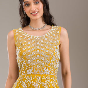 Yellow Pearlwork Net Gown
