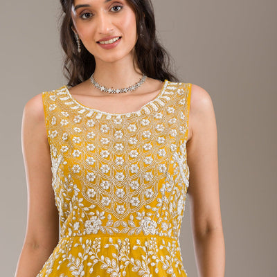 Yellow Pearlwork Net Gown