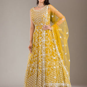 Yellow Pearlwork Net Gown