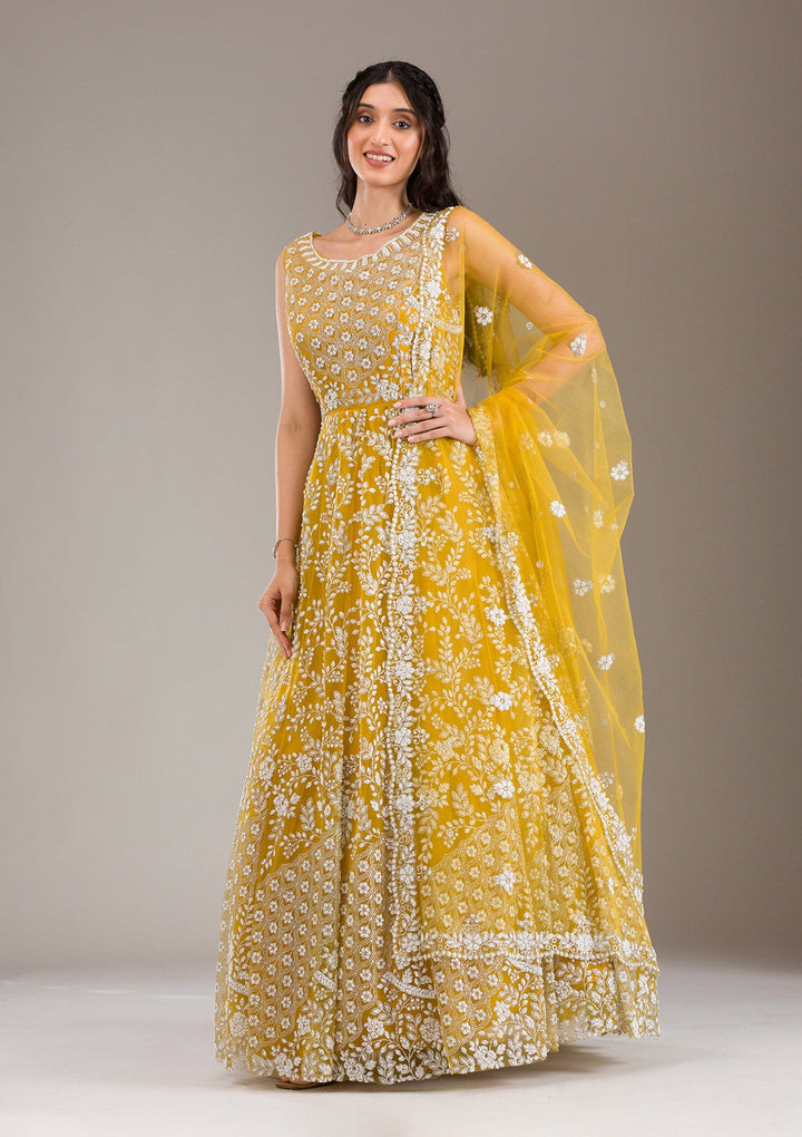 Yellow Pearlwork Net Gown